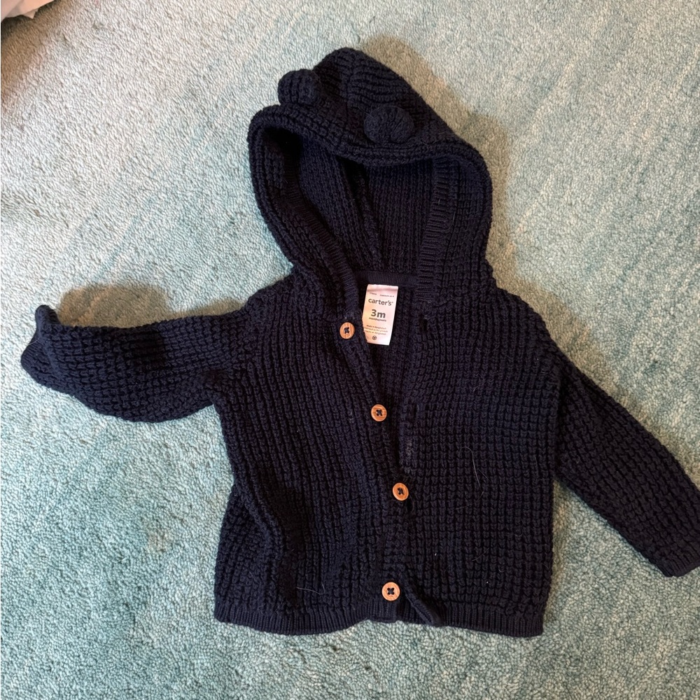 Navy Blue Knit Baby Cardigan with Hood